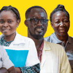 Five people representing the unsung heroes of child eye health in Africa. They include community health workers, optical technicians, teachers and a clinical psychologist.